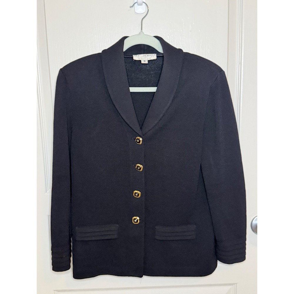 St. John Collection Black Knit Blazer Jacket Gold Buttons Size 10 Quiet Luxury